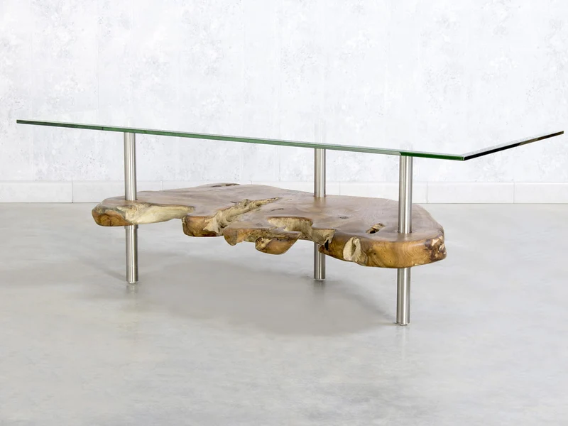 Couchtisch TV Konsole Lowboard aus einer Teak Baumscheibe mit Glas nach Maß von Picassi