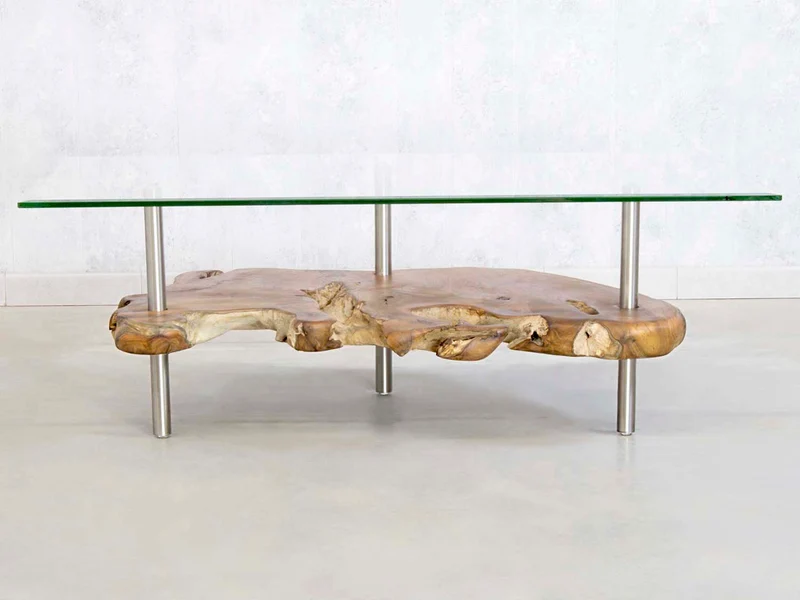 Couchtisch TV Konsole Lowboard aus einer Teak Baumscheibe mit Glas nach Maß von Picassi