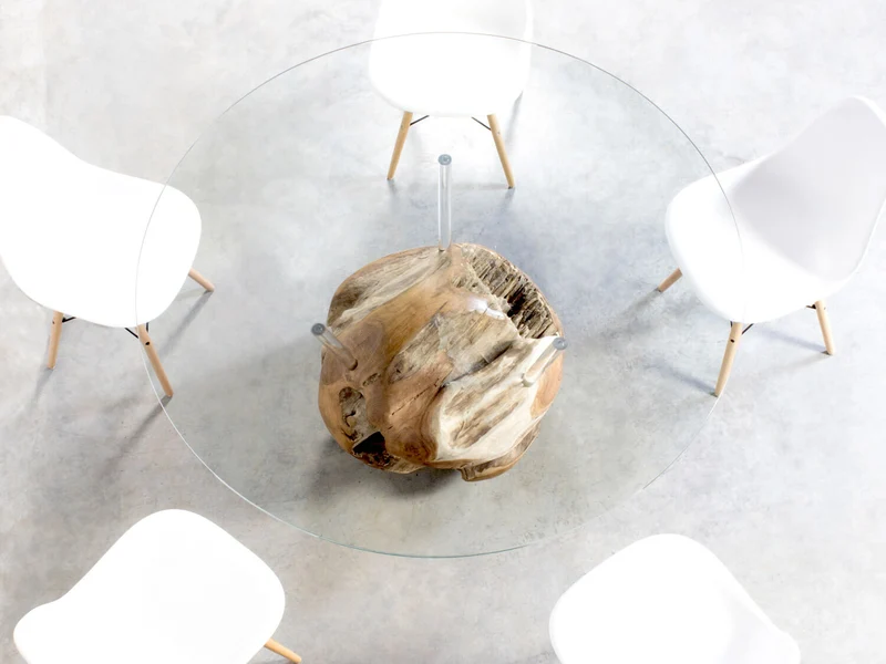 Designer Glas Esstisch rund mit Massivholz Teak Unterbau in verschiedenen Größen