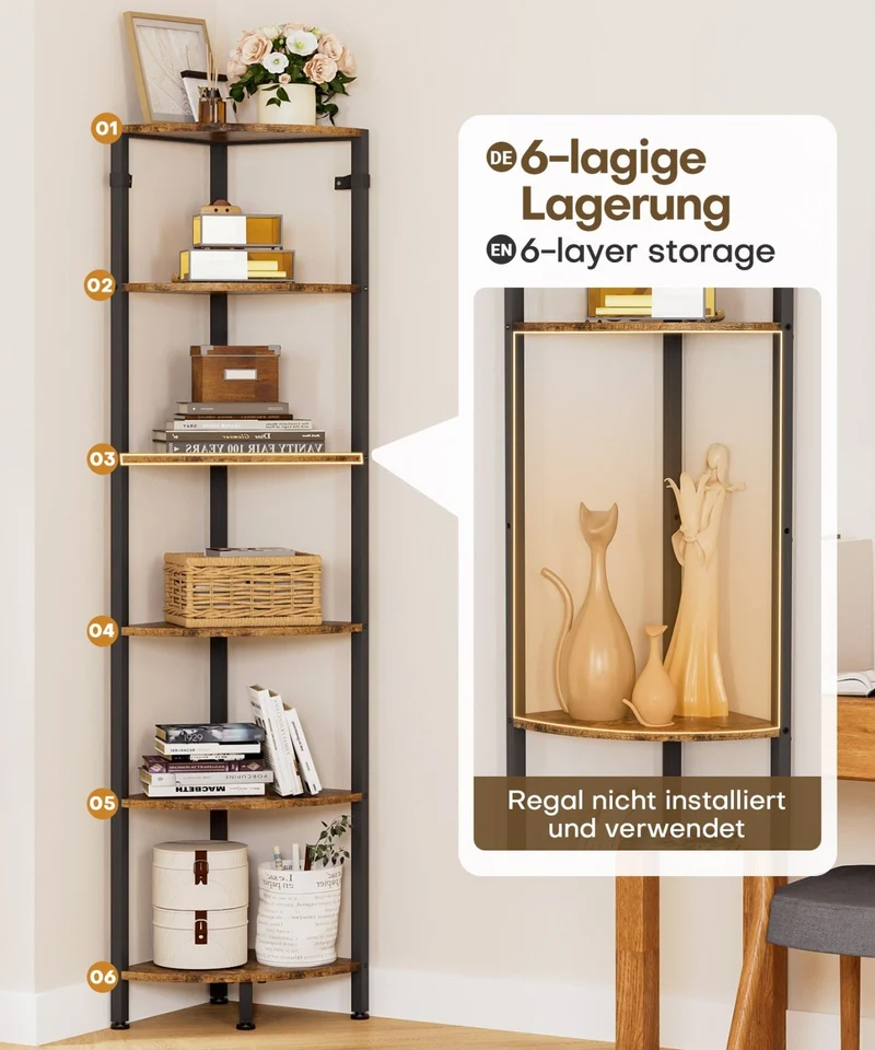 Yorbay Eckregal mit 6 Ebenen im Industrie-Design