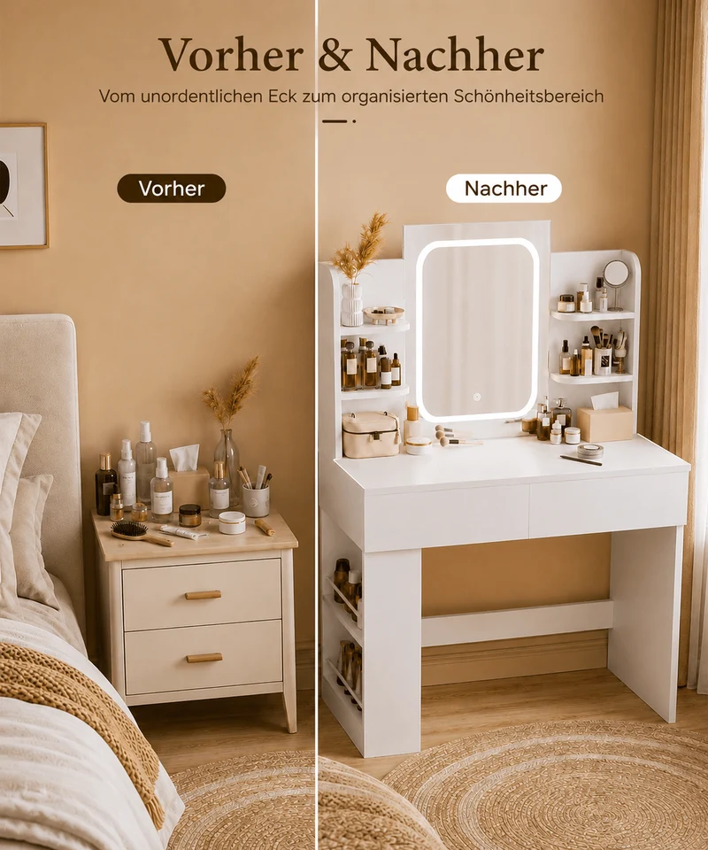 Yorbay Schminktisch mit LED-Spiegel, 2 Schubladen & offenen Ablagen