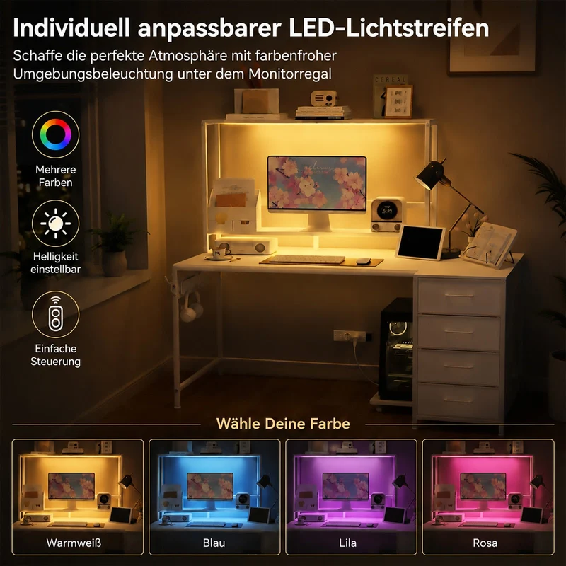 Yorbay L-förmiger Computertisch mit 4 Schubladen, LED-Beleuchtung & Steckdosen