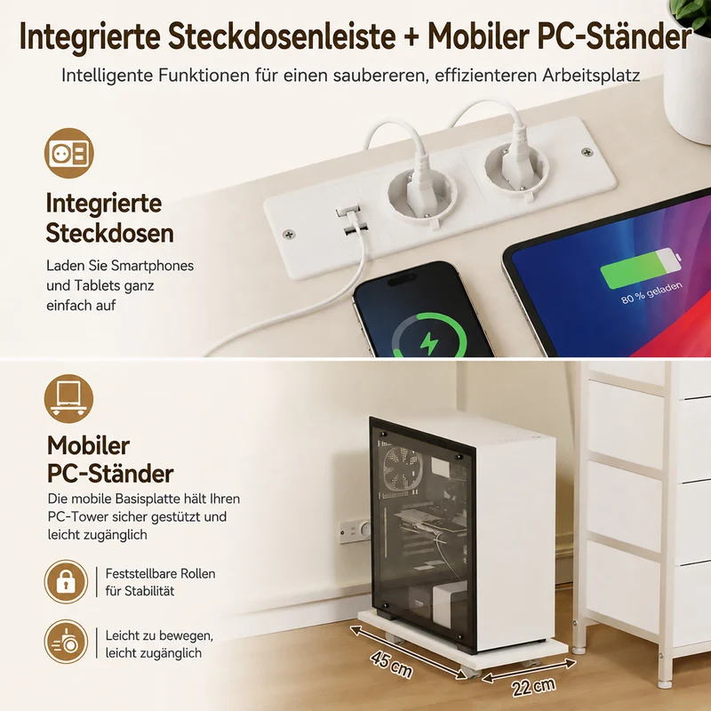Yorbay L-förmiger Computertisch mit 4 Schubladen, LED-Beleuchtung & Steckdosen