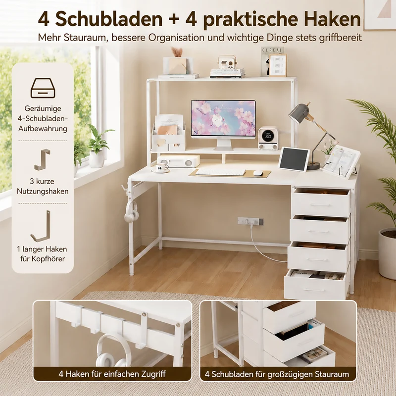 Yorbay L-förmiger Computertisch mit 4 Schubladen, LED-Beleuchtung & Steckdosen