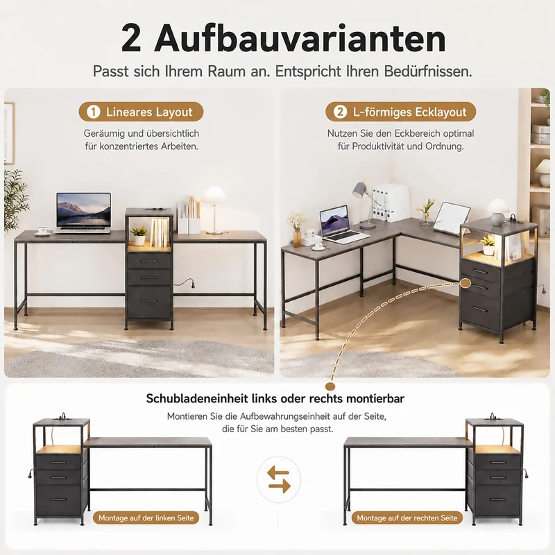 Yorbay Schreibtisch für 2 Personen mit LED-Beleuchtung, Steckdosen & Schubladen