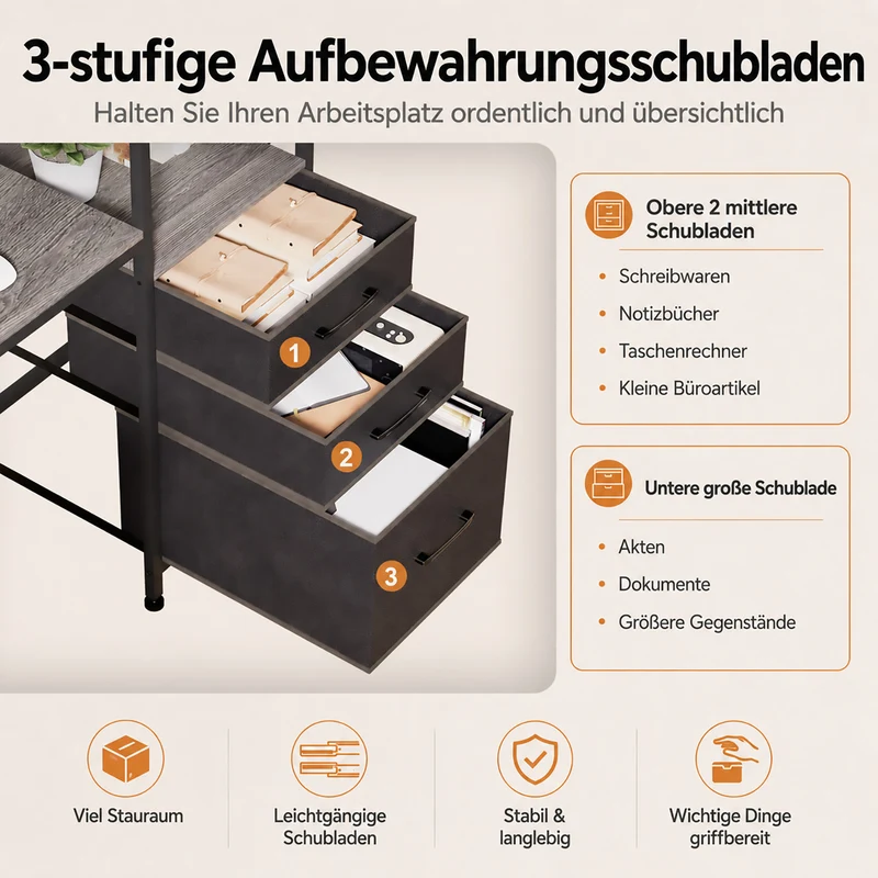 Yorbay Schreibtisch für 2 Personen mit LED-Beleuchtung, Steckdosen & Schubladen