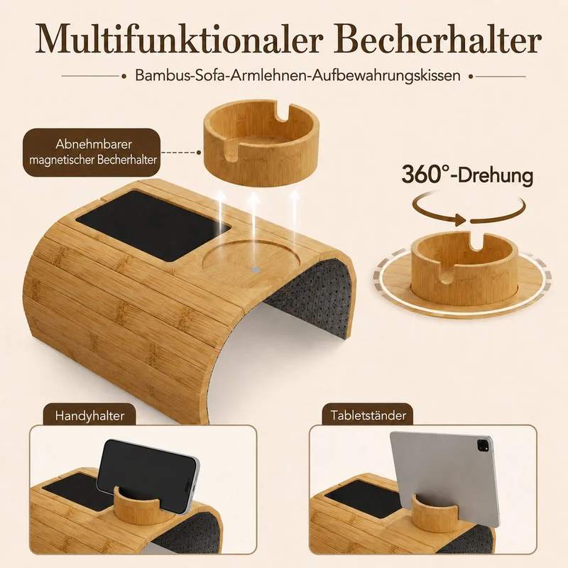 Yorbay Sofa-Armlehnen-Tablett aus Bambus mit 360° Becherhalter