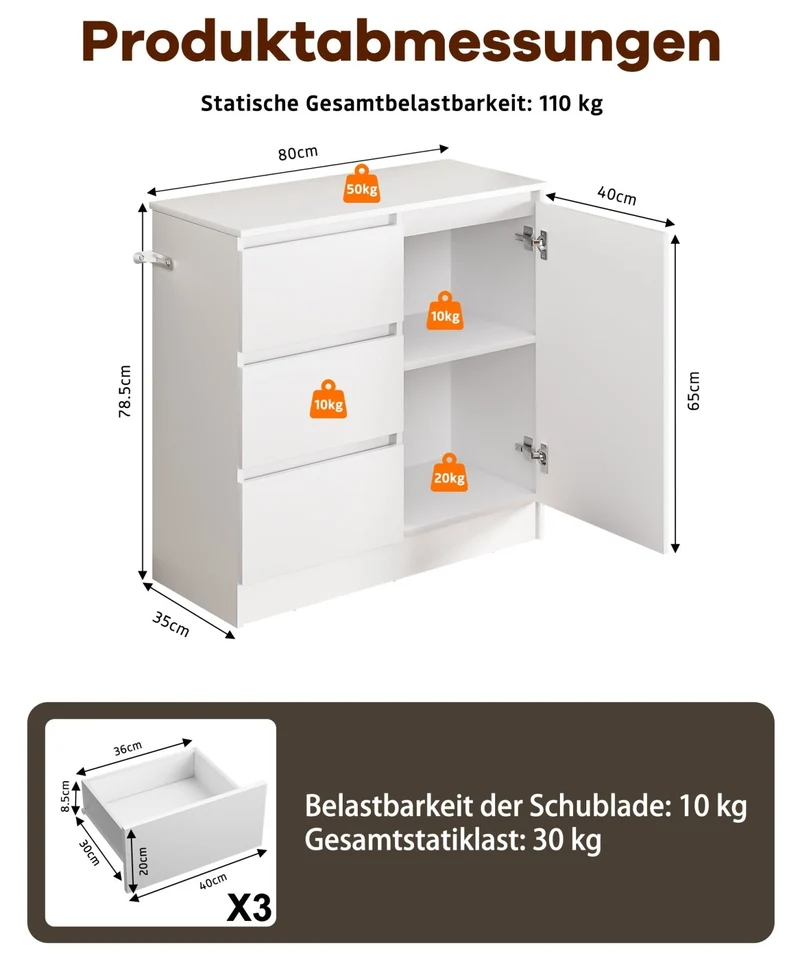 Yorbay Sideboard mit 3 Schubladen und Tür, 80,5 x 35 x 79 cm