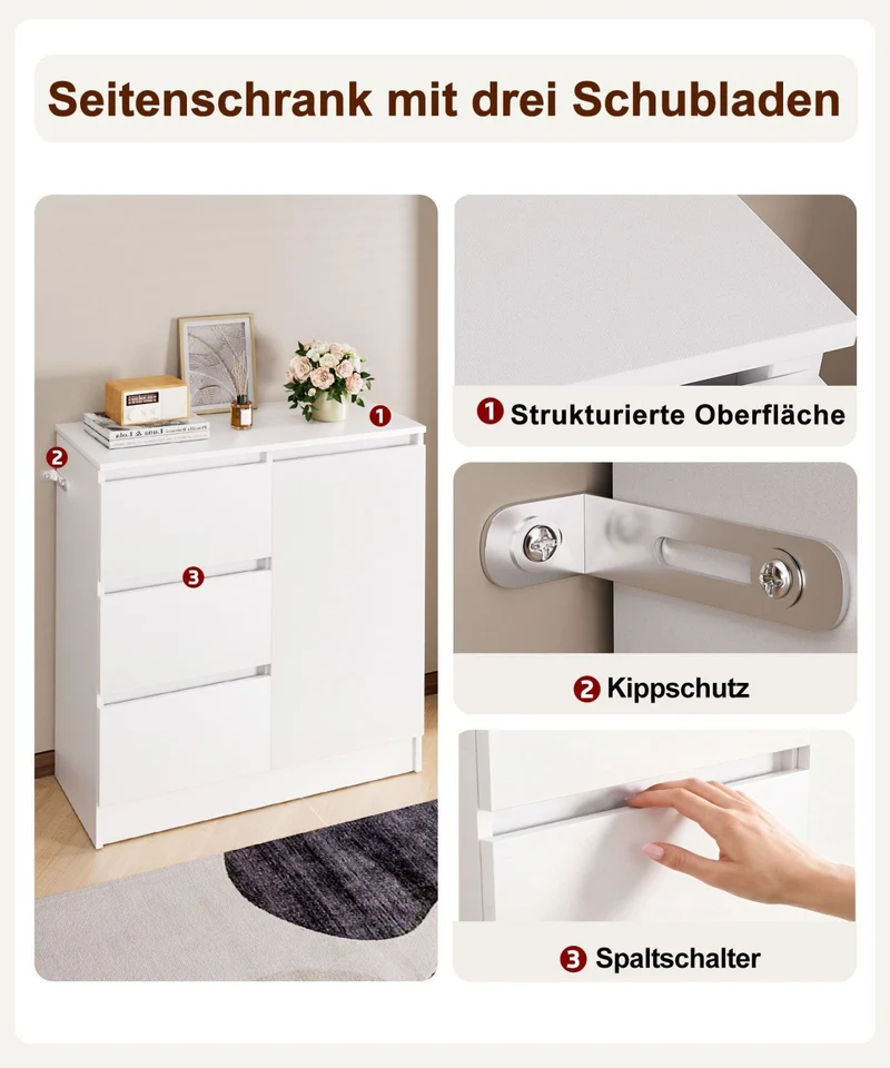 Yorbay Sideboard mit 3 Schubladen und Tür, 80,5 x 35 x 79 cm