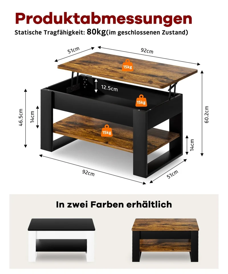 Yorbay Couchtisch mit Lift-Top, Stauraum & Ablage