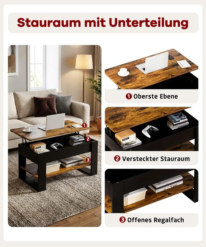 Yorbay Couchtisch mit Lift-Top, Stauraum & Ablage