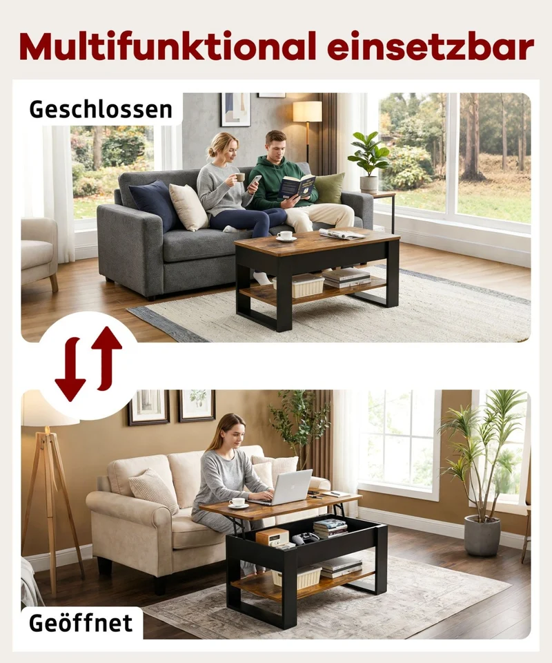 Yorbay Couchtisch mit Lift-Top, Stauraum & Ablage