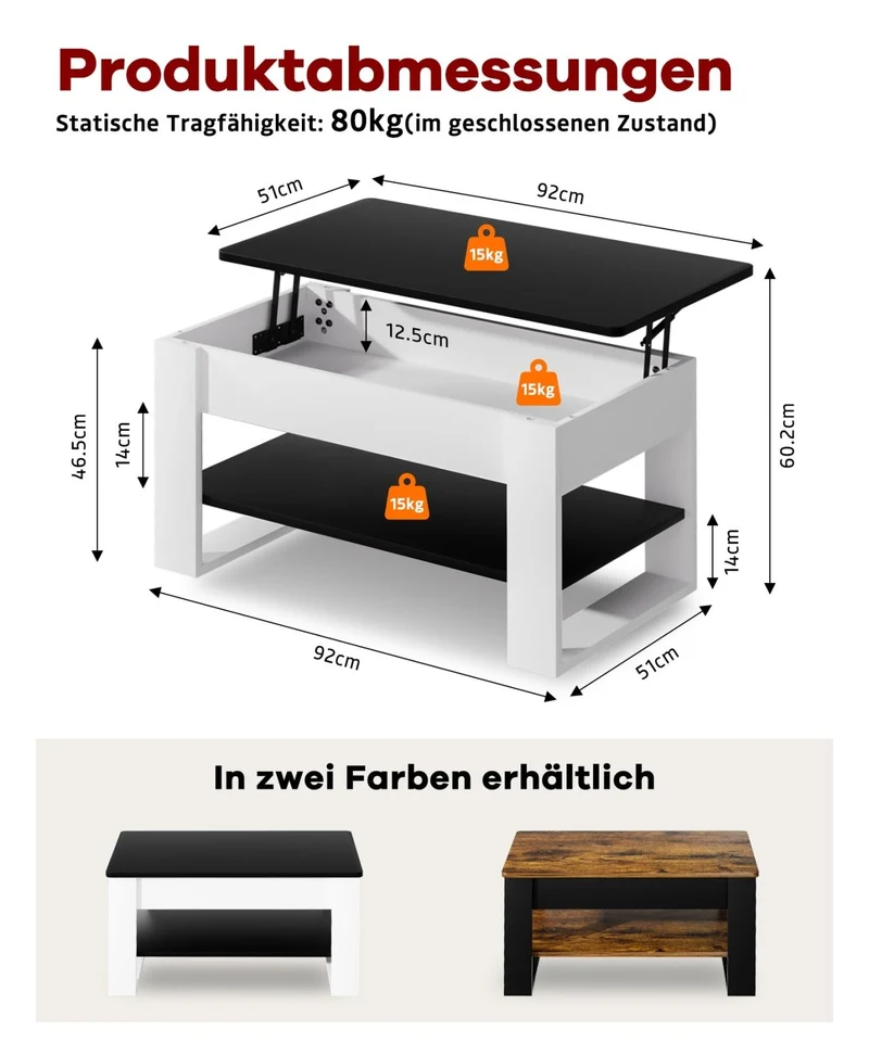 Yorbay Couchtisch mit Lift-Top, Stauraum & Ablage