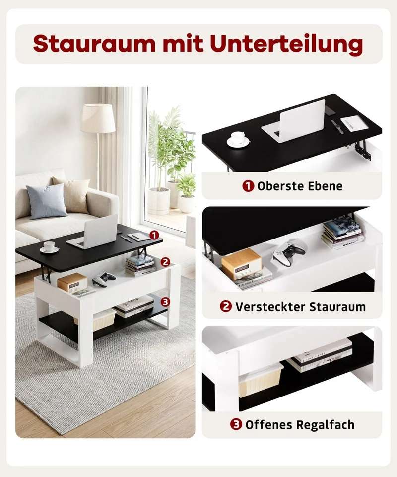 Yorbay Couchtisch mit Lift-Top, Stauraum & Ablage