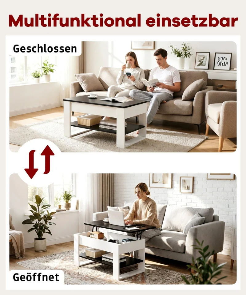 Yorbay Couchtisch mit Lift-Top, Stauraum & Ablage