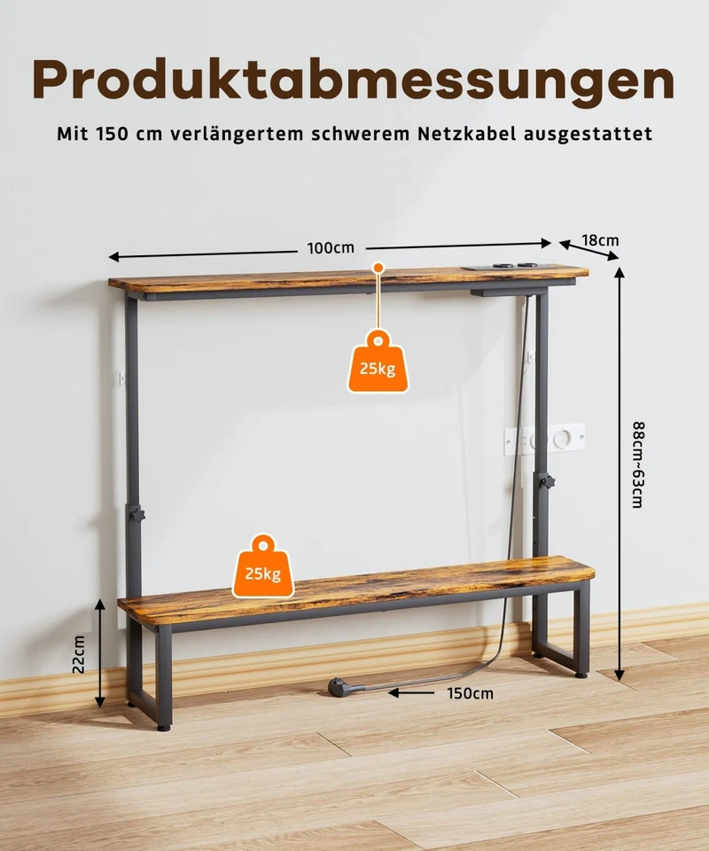 Yorbay höhenverstellbarer Konsolentisch mit Ladestation, 100 × 18 × 63–88 cm