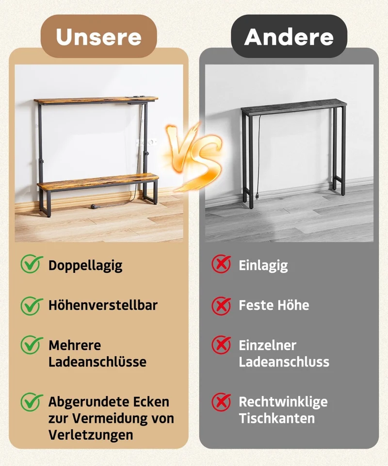 Yorbay höhenverstellbarer Konsolentisch mit Ladestation, 100 × 18 × 63–88 cm