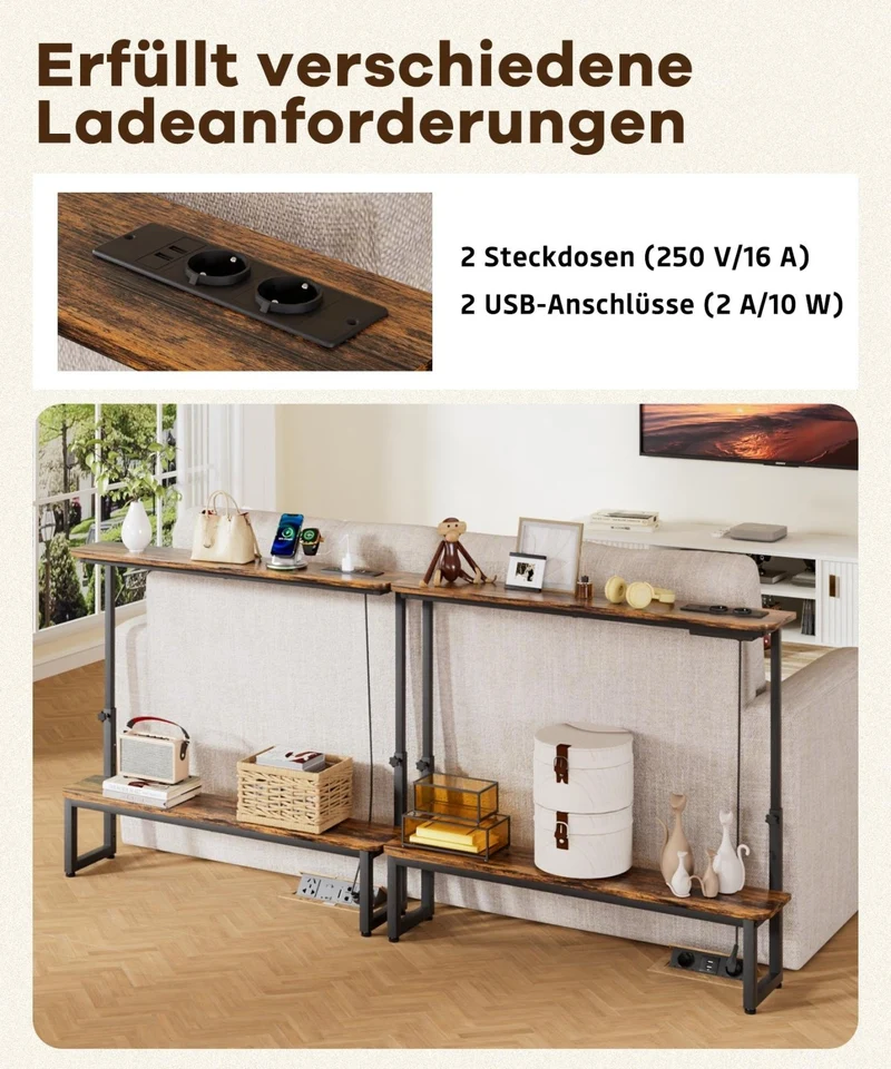 Yorbay höhenverstellbarer Konsolentisch mit Ladestation, 100 × 18 × 63–88 cm