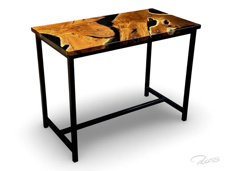 Bartisch Bartresen Rustico aus Teak Wurzelholz mit Epoxidharz in schwarz matt transparent
