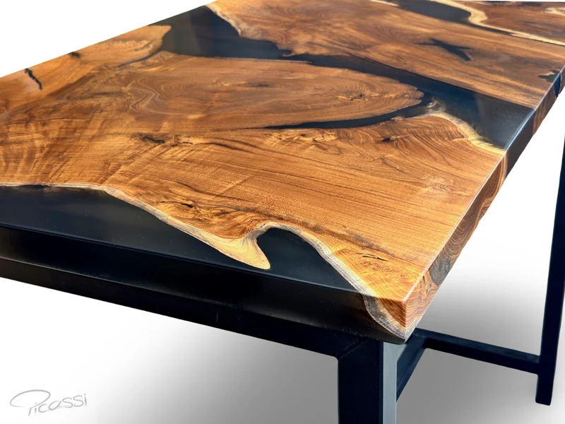 Bartisch Bartresen Rustico aus Teak Wurzelholz mit Epoxidharz in schwarz matt transparent