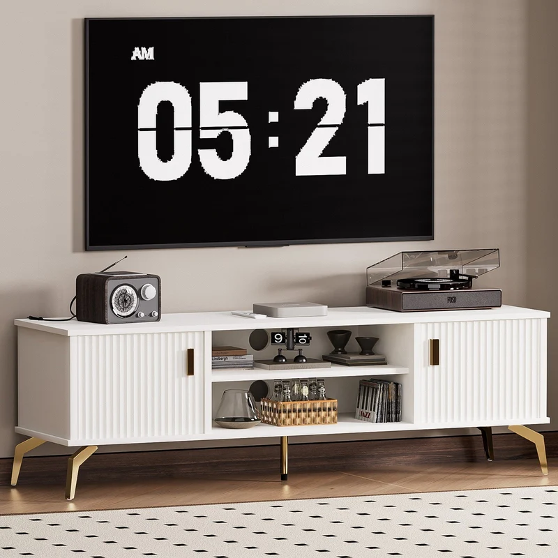 Yorbay TV-Bank mit Türen & offenen Fächern, weiß, 147 cm