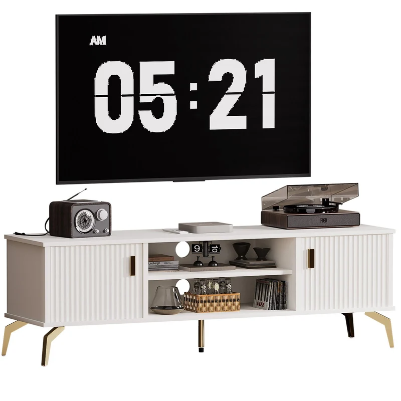 Yorbay TV-Bank mit Türen & offenen Fächern, weiß, 147 cm