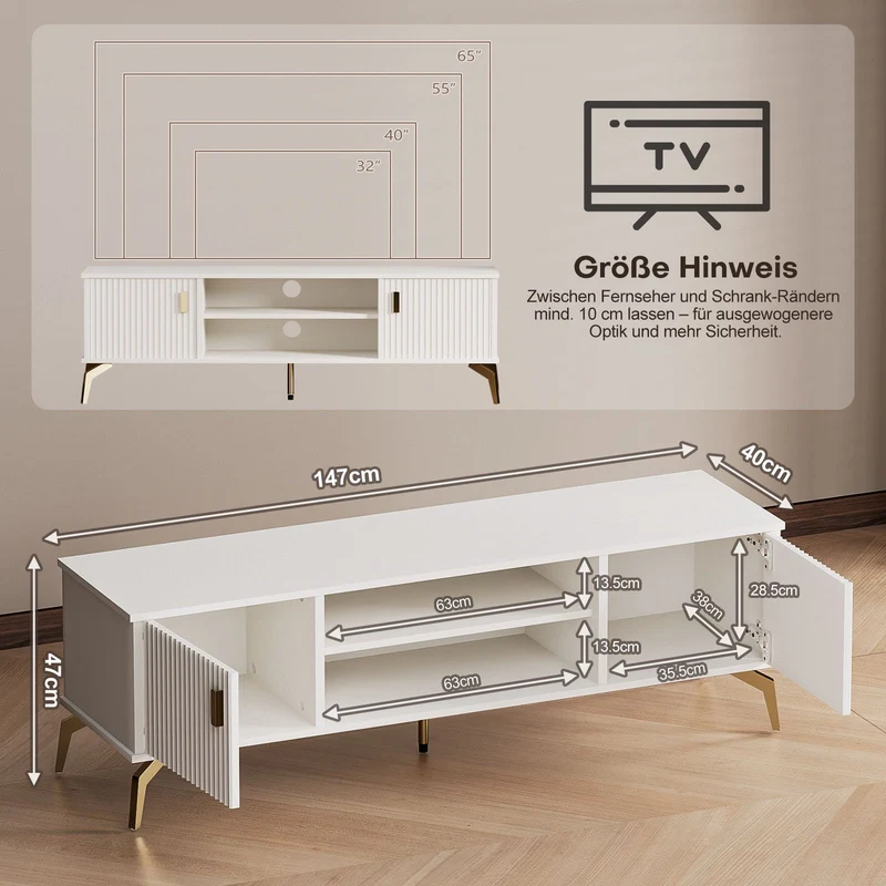 Yorbay TV-Bank mit Türen & offenen Fächern, weiß, 147 cm