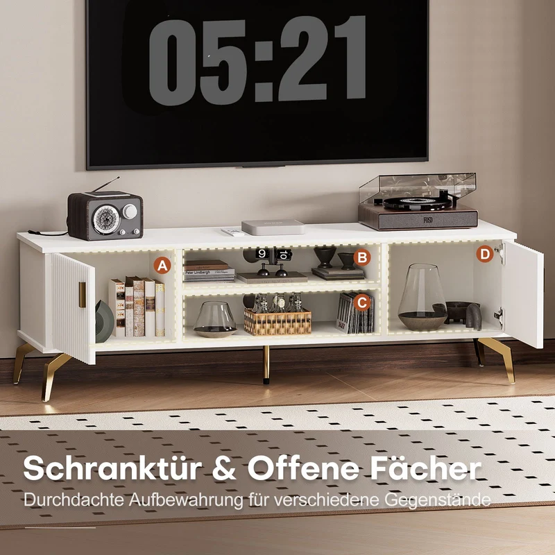 Yorbay TV-Bank mit Türen & offenen Fächern, weiß, 147 cm