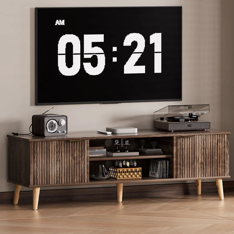 Yorbay TV-Bank mit Türen & offenen Fächern, 147 cm, Dunkelwalnuss