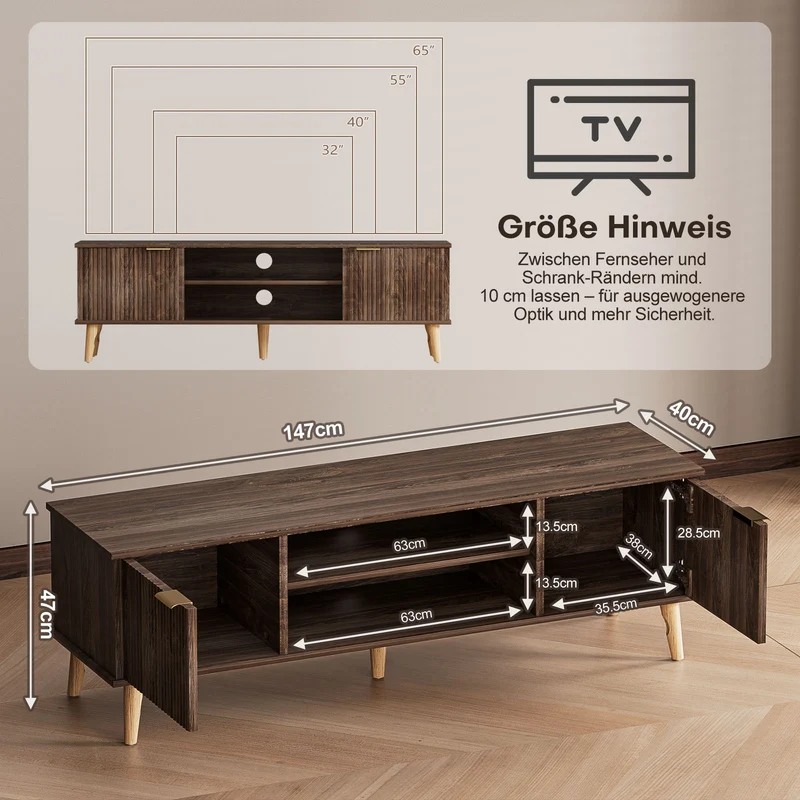Yorbay TV-Bank mit Türen & offenen Fächern, 147 cm, Dunkelwalnuss