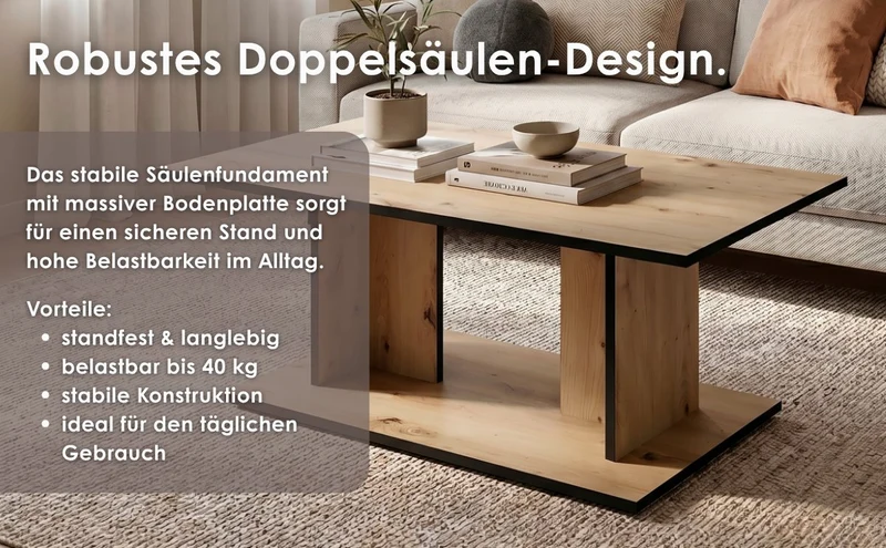 byLIVING Couchtisch TOM, 110 x 60, H 40 cm, Eiche-Optik oder Weiß, schwarze Kanten, Wohnzimmertisch rechteckig mit Ablage, Doppelsäulen-Design, pflegeleichte Melaminoberfläche
