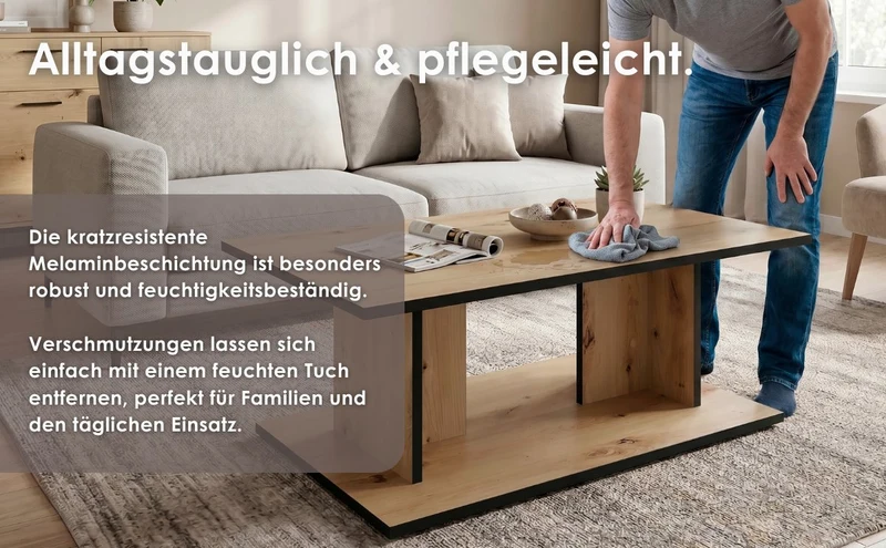 byLIVING Couchtisch TOM, 110 x 60, H 40 cm, Eiche-Optik oder Weiß, schwarze Kanten, Wohnzimmertisch rechteckig mit Ablage, Doppelsäulen-Design, pflegeleichte Melaminoberfläche