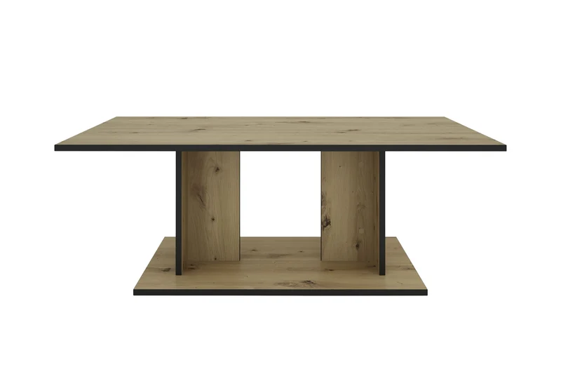 byLIVING Couchtisch TOM, 110 x 60, H 40 cm, Eiche-Optik oder Weiß, schwarze Kanten, Wohnzimmertisch rechteckig mit Ablage, Doppelsäulen-Design, pflegeleichte Melaminoberfläche