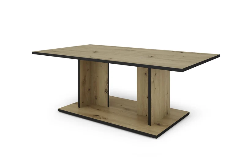 byLIVING Couchtisch TOM, 110 x 60, H 40 cm, Eiche-Optik oder Weiß, schwarze Kanten, Wohnzimmertisch rechteckig mit Ablage, Doppelsäulen-Design, pflegeleichte Melaminoberfläche