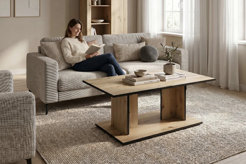 byLIVING Couchtisch TOM, 110 x 60, H 40 cm, Eiche-Optik oder Weiß, schwarze Kanten, Wohnzimmertisch rechteckig mit Ablage, Doppelsäulen-Design, pflegeleichte Melaminoberfläche