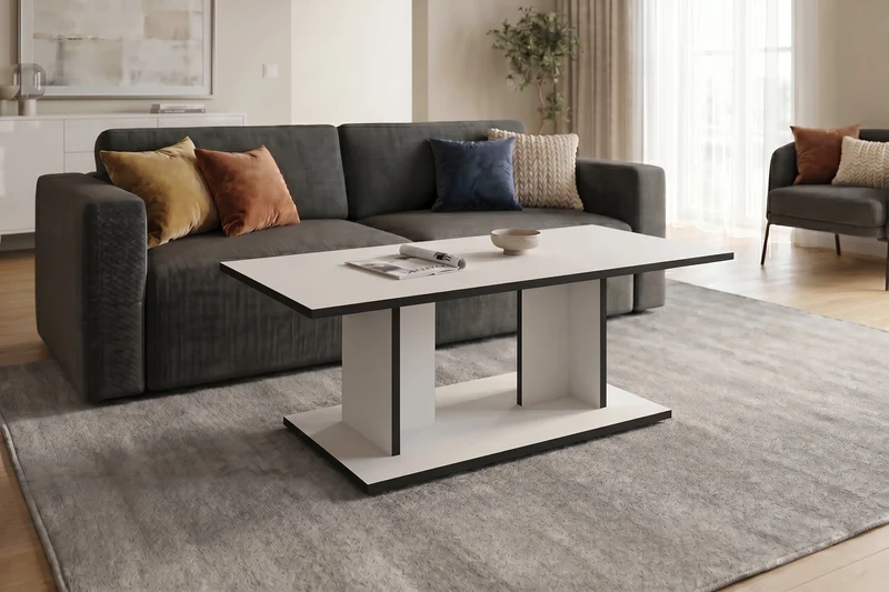 byLIVING Couchtisch TOM, 110 x 60, H 40 cm, Eiche-Optik oder Weiß, schwarze Kanten, Wohnzimmertisch rechteckig mit Ablage, Doppelsäulen-Design, pflegeleichte Melaminoberfläche