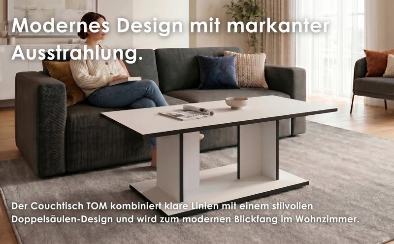 byLIVING Couchtisch TOM, 110 x 60, H 40 cm, Eiche-Optik oder Weiß, schwarze Kanten, Wohnzimmertisch rechteckig mit Ablage, Doppelsäulen-Design, pflegeleichte Melaminoberfläche