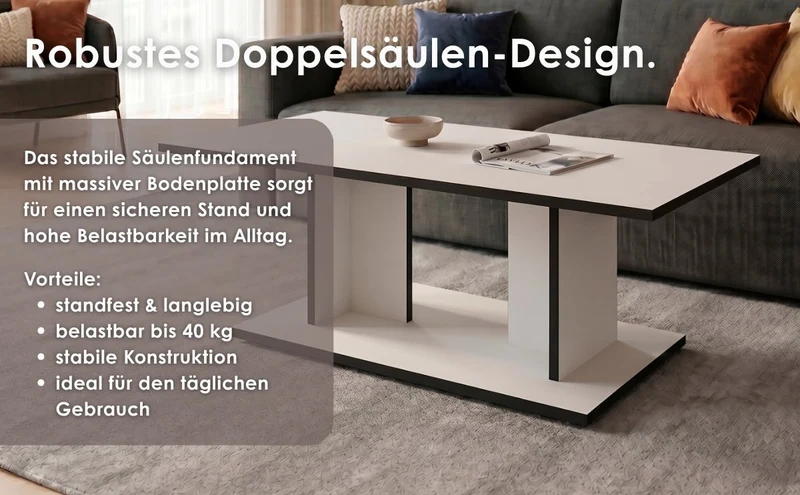 byLIVING Couchtisch TOM, 110 x 60, H 40 cm, Eiche-Optik oder Weiß, schwarze Kanten, Wohnzimmertisch rechteckig mit Ablage, Doppelsäulen-Design, pflegeleichte Melaminoberfläche