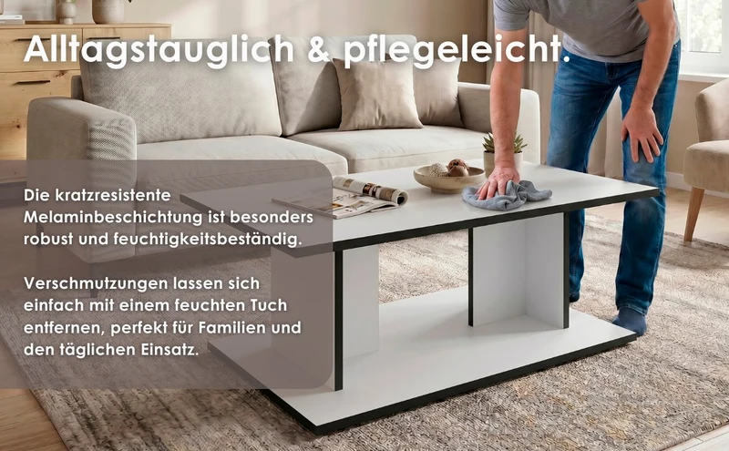 byLIVING Couchtisch TOM, 110 x 60, H 40 cm, Eiche-Optik oder Weiß, schwarze Kanten, Wohnzimmertisch rechteckig mit Ablage, Doppelsäulen-Design, pflegeleichte Melaminoberfläche
