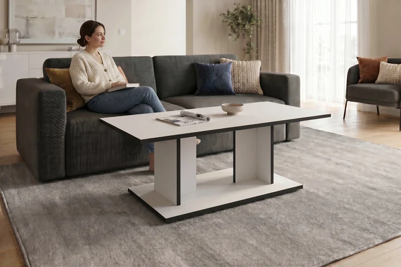 byLIVING Couchtisch TOM, 110 x 60, H 40 cm, Eiche-Optik oder Weiß, schwarze Kanten, Wohnzimmertisch rechteckig mit Ablage, Doppelsäulen-Design, pflegeleichte Melaminoberfläche