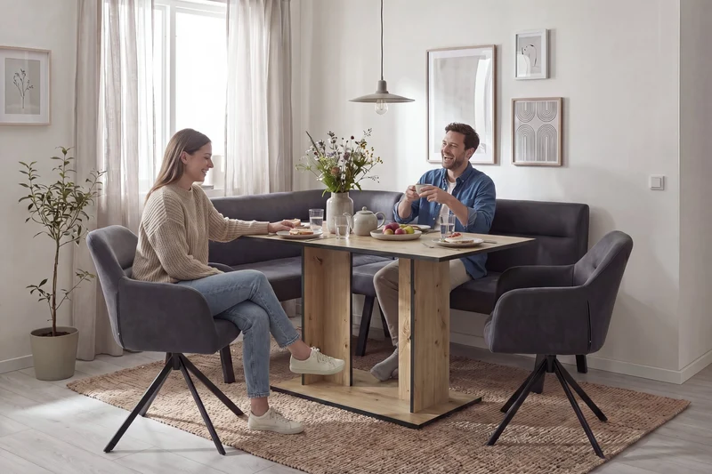 byLIVING Esstisch TOM, Säulentisch 110 x 70, H 75 cm, Küchentisch für 4 Personen, Eiche-Optik oder Weiß, schwarze Kanten, rechteckiger Esszimmertisch platzsparend für Essecken, Beinfreiheit