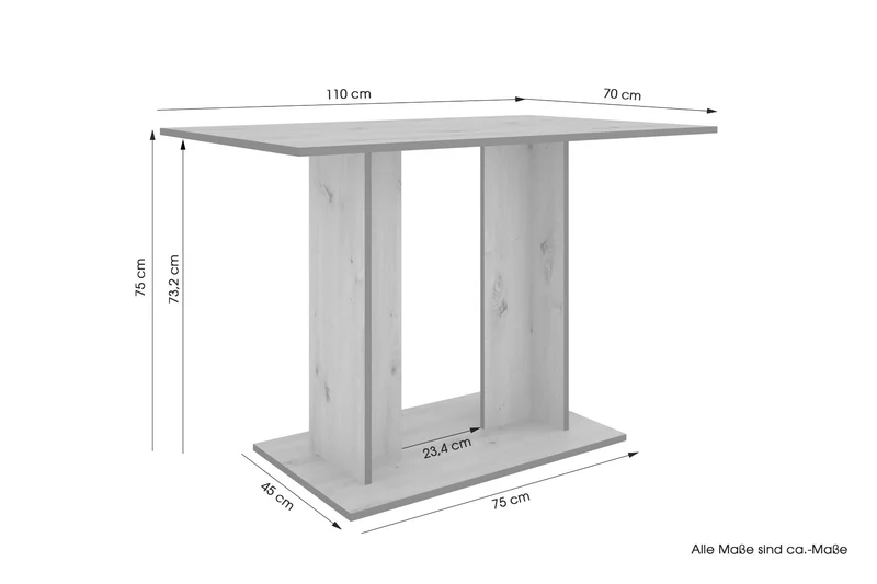 byLIVING Esstisch TOM, Säulentisch 110 x 70, H 75 cm, Küchentisch für 4 Personen, Eiche-Optik oder Weiß, schwarze Kanten, rechteckiger Esszimmertisch platzsparend für Essecken, Beinfreiheit