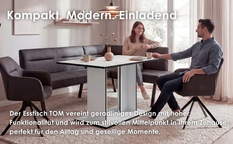byLIVING Esstisch TOM, Säulentisch 110 x 70, H 75 cm, Küchentisch für 4 Personen, Eiche-Optik oder Weiß, schwarze Kanten, rechteckiger Esszimmertisch platzsparend für Essecken, Beinfreiheit