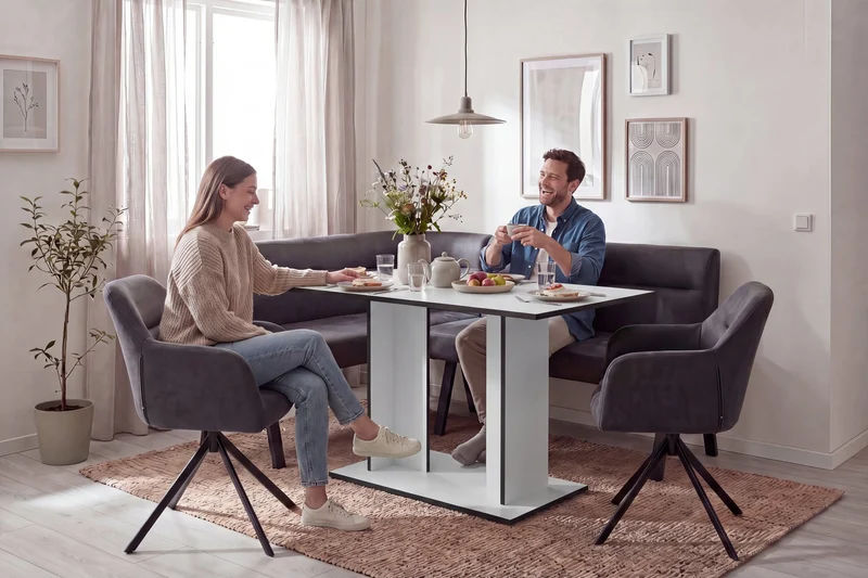 byLIVING Esstisch TOM, Säulentisch 110 x 70, H 75 cm, Küchentisch für 4 Personen, Eiche-Optik oder Weiß, schwarze Kanten, rechteckiger Esszimmertisch platzsparend für Essecken, Beinfreiheit