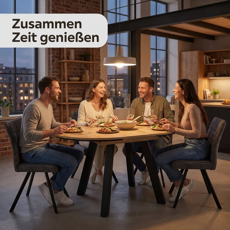 byLIVING Esstisch TIMOR, runder Küchentisch für 4-6 Personen, ausziehbar 100–140 cm, platzsparender Essplatz, Evoke Eiche-Optik oder weiß mit schwarzem 4-Fußgestell
