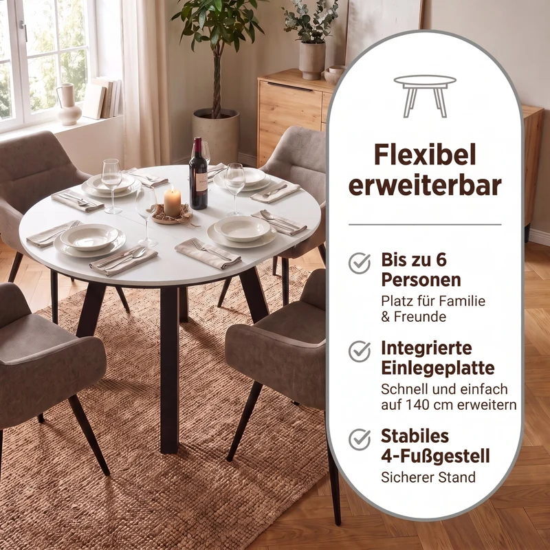 byLIVING Esstisch TIMOR, runder Küchentisch für 4-6 Personen, ausziehbar 100–140 cm, platzsparender Essplatz, Evoke Eiche-Optik oder weiß mit schwarzem 4-Fußgestell