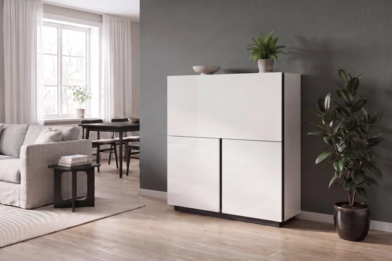 byLIVING Sekretär IDAHO, platzsparender Schreibtisch-Schrank fürs Home-Office, B 120 x T 40 cm, H 127 cm, Hochglanz Weiß & Anthrazit, mit Kabelkanal & Stauraum