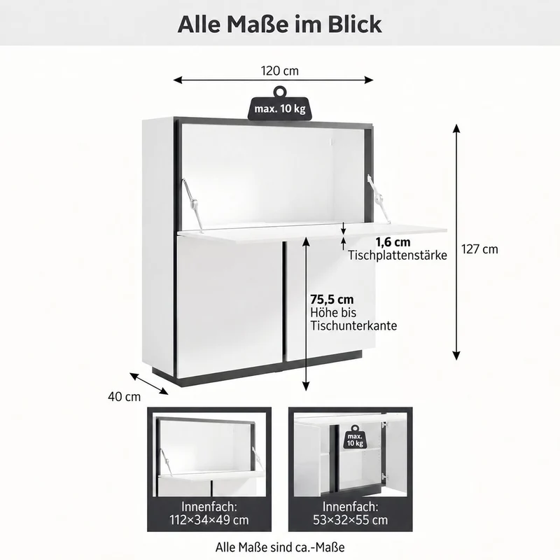 byLIVING Sekretär IDAHO, platzsparender Schreibtisch-Schrank fürs Home-Office, B 120 x T 40 cm, H 127 cm, Hochglanz Weiß & Anthrazit, mit Kabelkanal & Stauraum