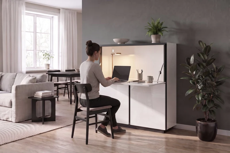 byLIVING Sekretär IDAHO, platzsparender Schreibtisch-Schrank fürs Home-Office, B 120 x T 40 cm, H 127 cm, Hochglanz Weiß & Anthrazit, mit Kabelkanal & Stauraum