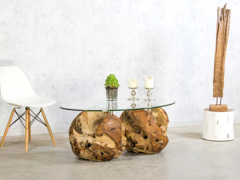 Couchtisch aus Teak Wurzelholz in Kugelform mit Glasplatte